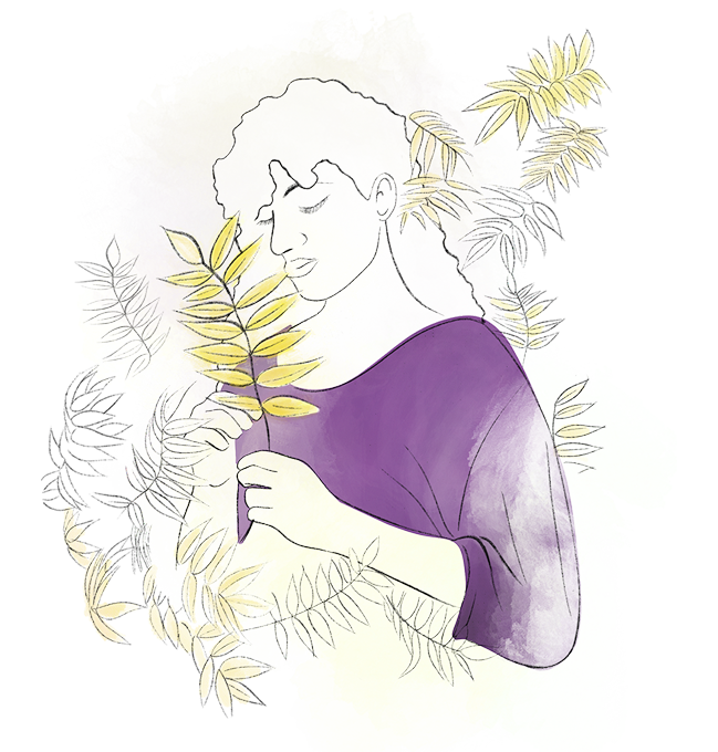 Ilustración de una persona con los ojos cerrados sosteniendo una rama de hojas doradas, rodeada de colores suaves y texturas orgánicas que evocan calma y conexión con la naturaleza.