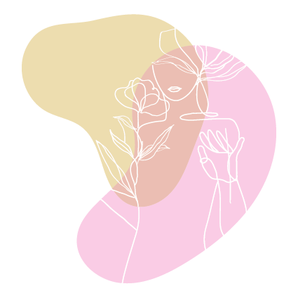 Ilustración abstracta de una figura humana delineada en blanco con flores alrededor del rostro y las manos, sobre formas orgánicas en colores rosa y amarillo.