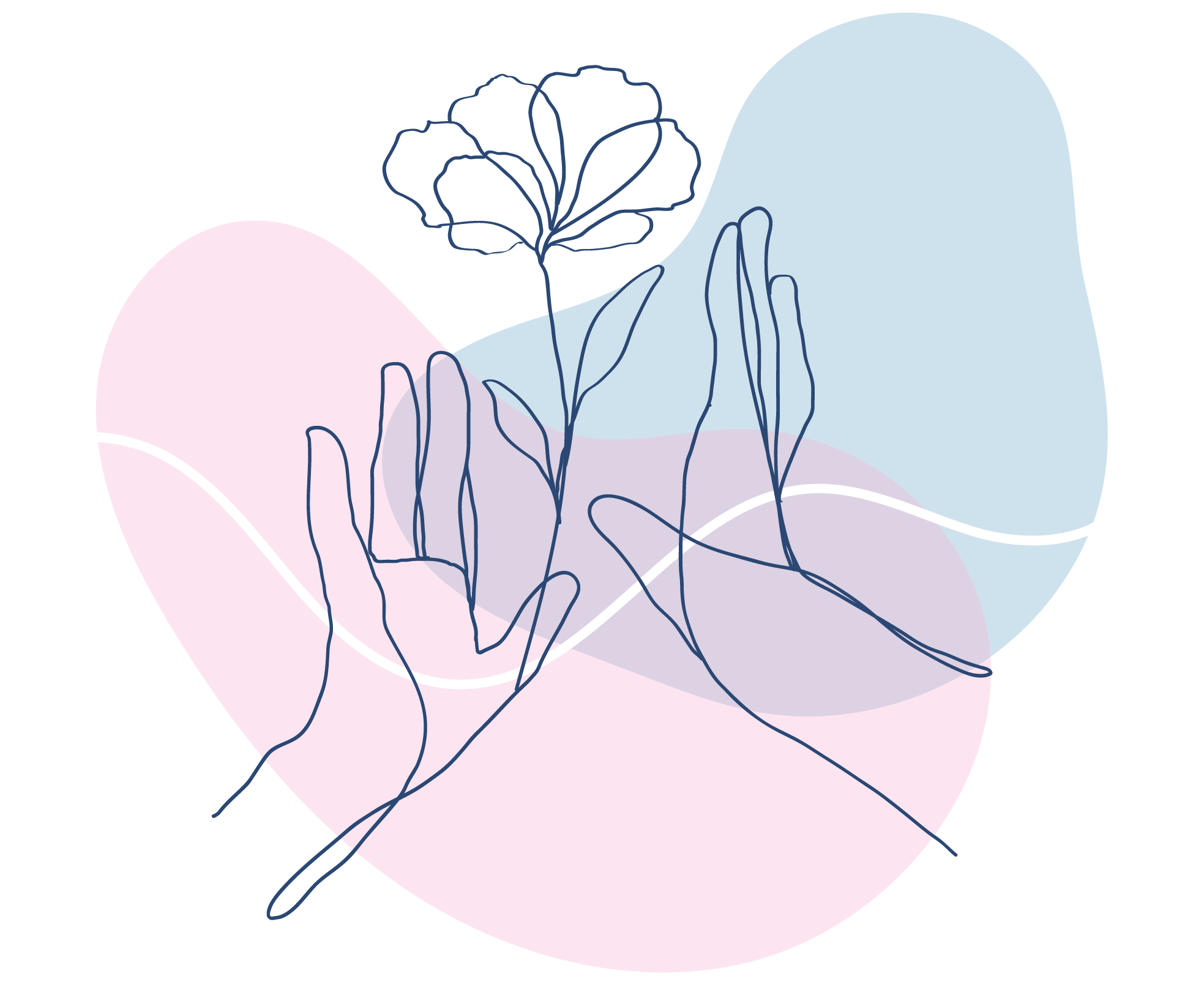 Ilustración abstracta con dos manos dibujadas en línea continua, una flor al centro y formas orgánicas superpuestas en colores rosa, azul y morado sobre fondo negro.